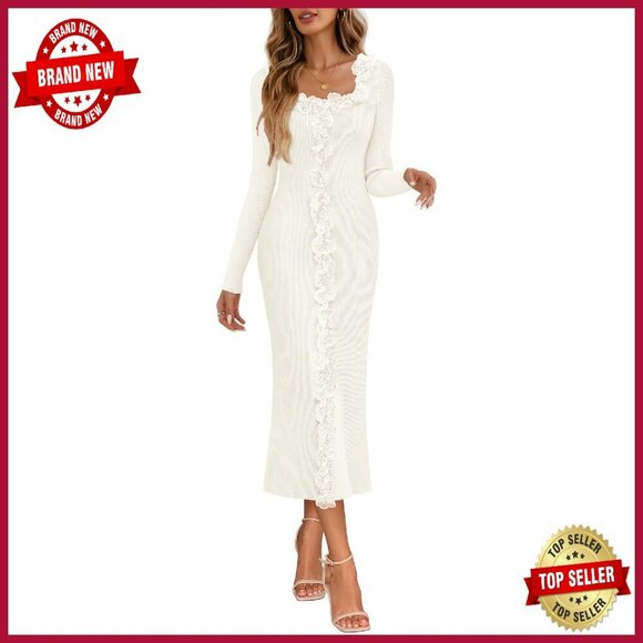 Long Sleeve Bodycon Sweater Dress Ribbed Knit Midi Formal